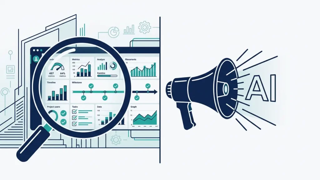 Magnifying glass focusing on digital metrics dashboard with graphs and data analysis, alongside a megaphone emitting "AI" to represent AI integration in web design.