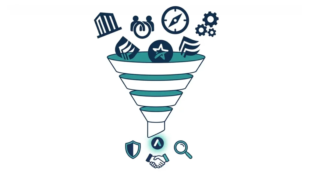 Illustration of a funnel with various icons representing data management, customer engagement, and AI integration, relevant to evaluating AI web design agencies.