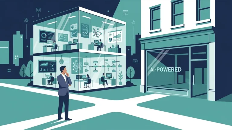 Business professional contemplating choices at a crossroads, with a modern office showcasing AI-driven technologies and data analytics, emphasizing the significance of AI in web design and development.
