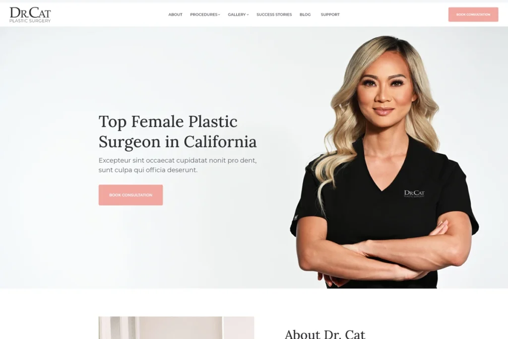 Dr. Cat, top female plastic surgeon in California, wearing a black scrubs top with "Dr. Cat Plastic Surgery" logo, arms crossed, professional demeanor, showcasing expertise in cosmetic procedures.