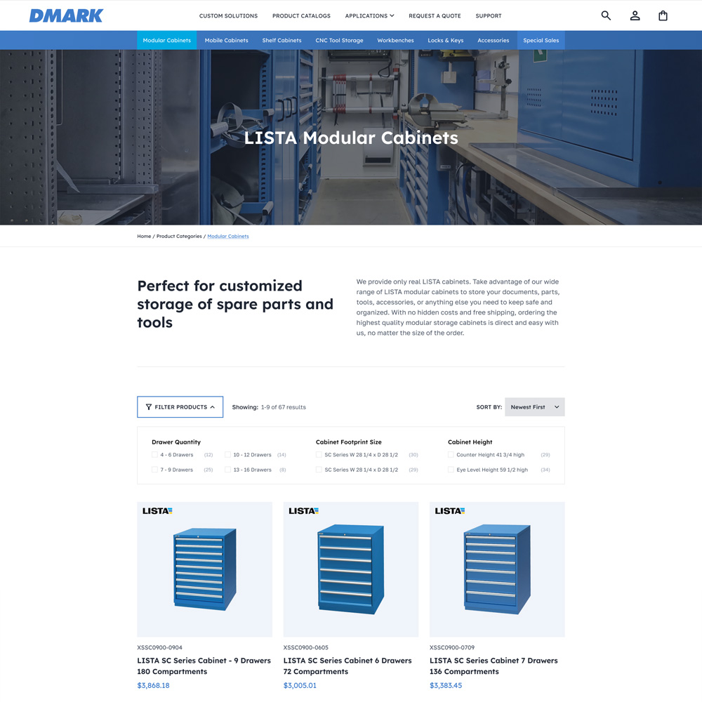 LISTA modular cabinets displayed in a well-organized industrial setting, showcasing storage solutions for spare parts and tools, emphasizing functionality and design for customized storage needs.
