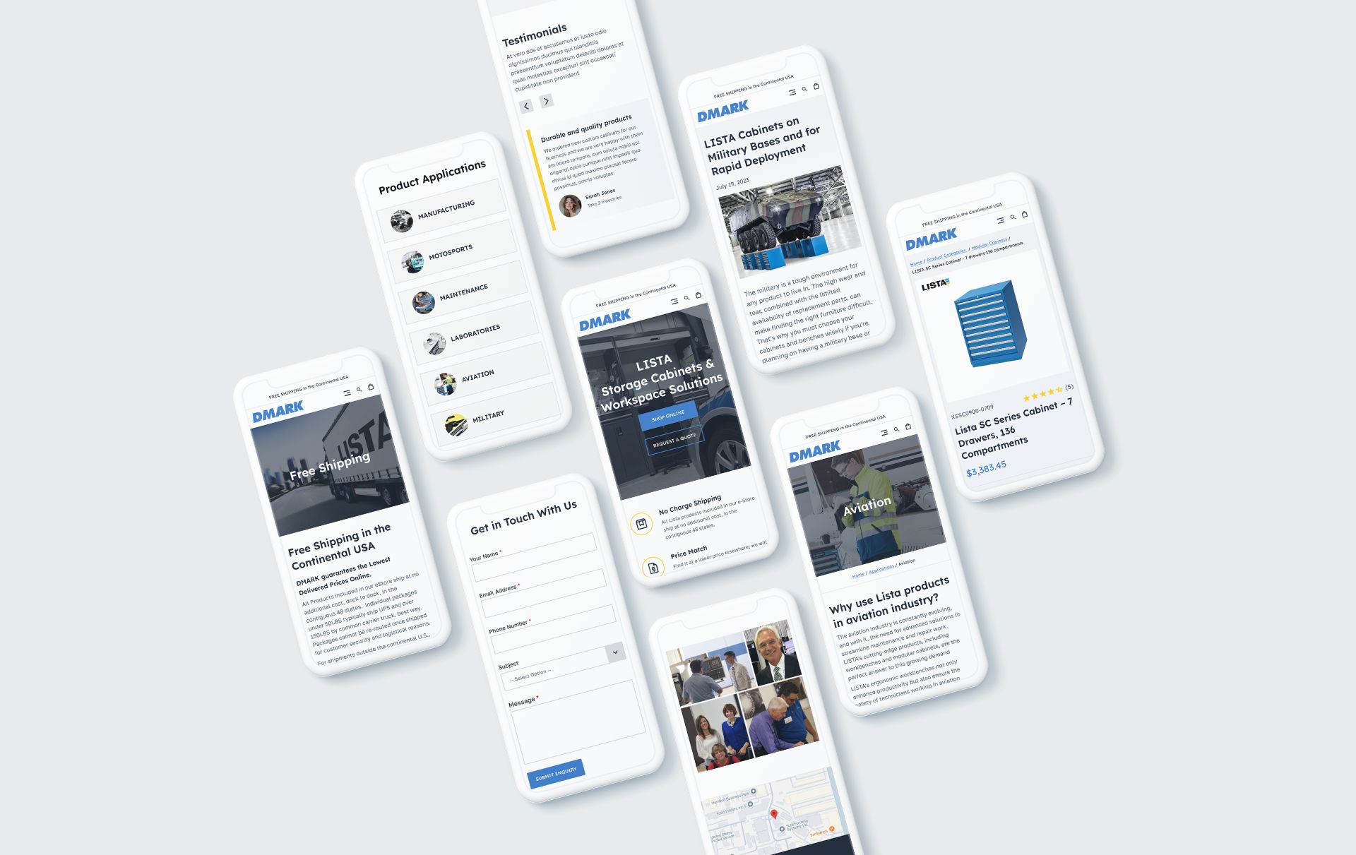 Mobile mockup of DMARK Corporation's Shopify storefront showcasing Lista cabinets, featuring product applications, testimonials, and interactive elements for B2B buyers.
