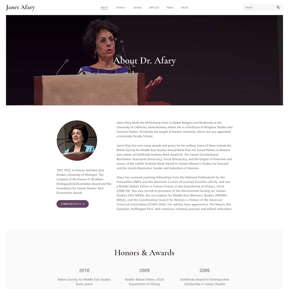 Dr. Janet Afary speaking at a podium, featured on her academic website, highlighting her role as a Professor of Religious Studies and her contributions to feminist studies and Middle Eastern history.