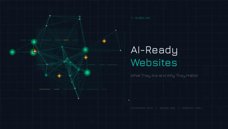 AI-Ready Websites graphic illustrating interconnected data points with the text "AI-Ready Websites: What They Are and Why They Matter," emphasizing the significance of structured data and semantic HTML for enhanced SEO and user engagement.