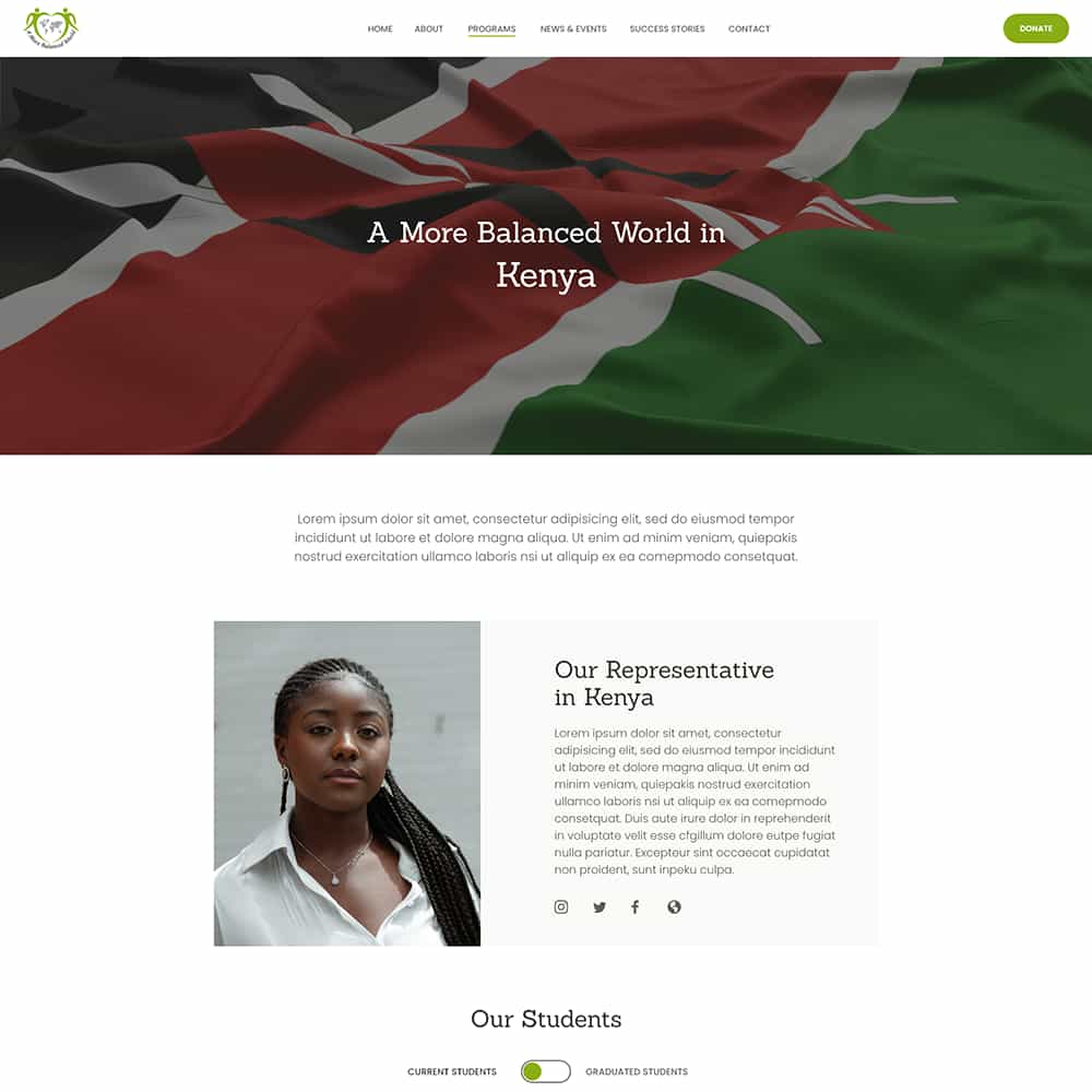 A More Balanced World website section featuring Kenyan flag backdrop and a female representative for the organization.