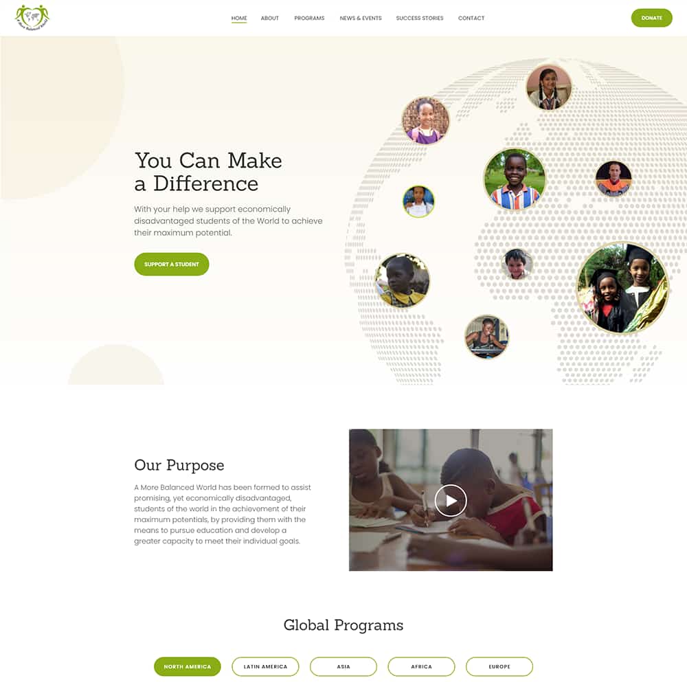 Global map with diverse students' portraits promoting A More Balanced World, a non-profit supporting disadvantaged students globally, emphasizing educational opportunities and community impact.