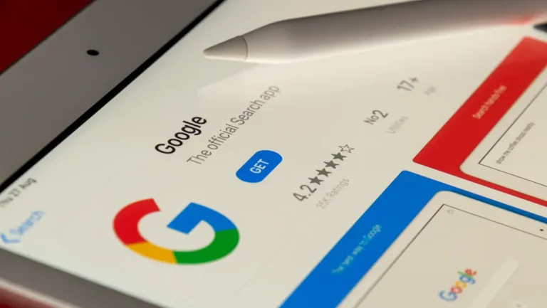 Google Search app interface on tablet screen showcasing app ratings and download option, relevant to SEO strategies and digital growth.