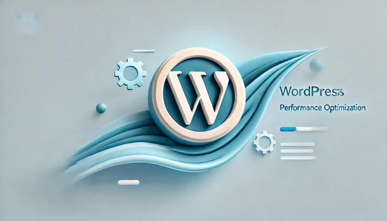 WordPress logo with performance optimization elements, featuring gears and abstract blue waves, relevant to website speed and efficiency in digital strategies.