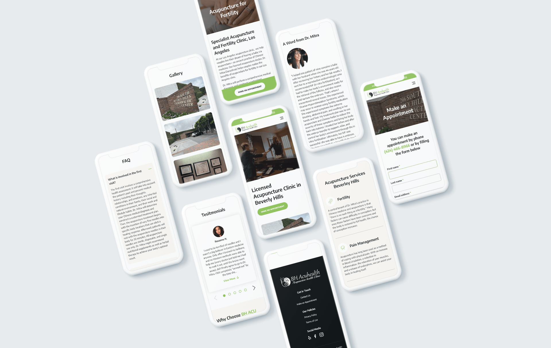 Mobile mockup of BH Acuhealth's acupuncture clinic website, showcasing services like fertility and pain management, testimonials, and appointment scheduling.