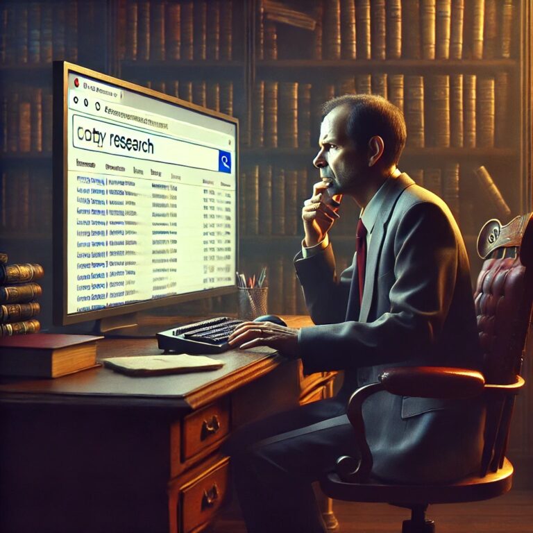 Man in a suit contemplating while using a computer to search for research data, surrounded by books in a library setting, illustrating the importance of SEO and online visibility for academic work.