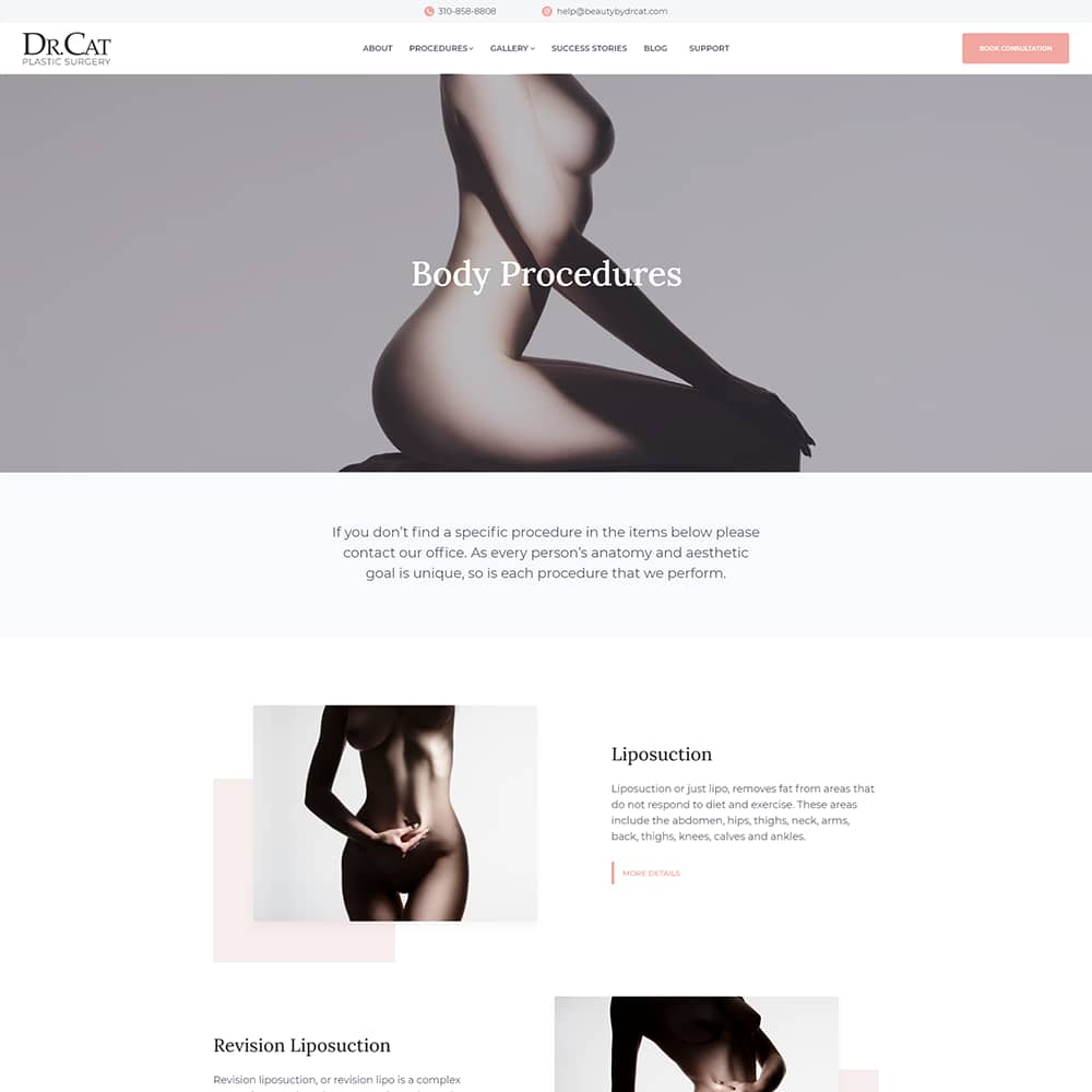 Body Procedures page featuring a silhouette of a female figure, highlighting cosmetic surgery services offered by Dr. Cat Plastic Surgery, including liposuction and revision liposuction.