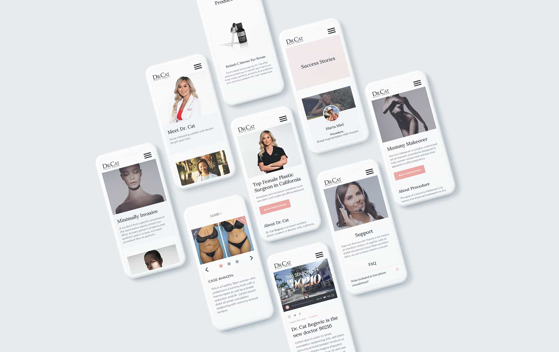 Mobile website design for Dr. Cat Plastic Surgery showcasing various cosmetic procedures, testimonials, and patient support options.