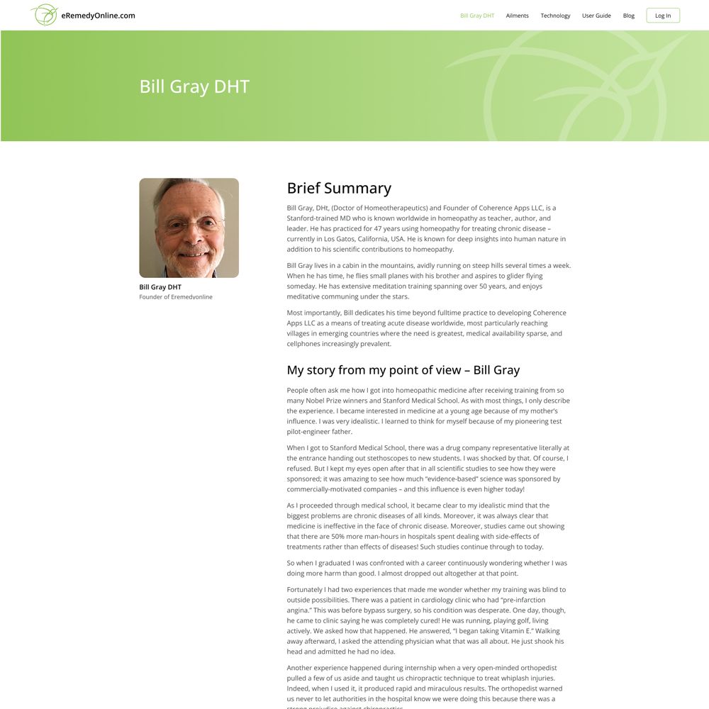 Bill Gray, MD, founder of Coherence Apps LLC, featured in a professional headshot, highlighting his expertise in homeopathy and clinical practice, relevant to the eRemedy Online platform's focus on providing homeopathic solutions.