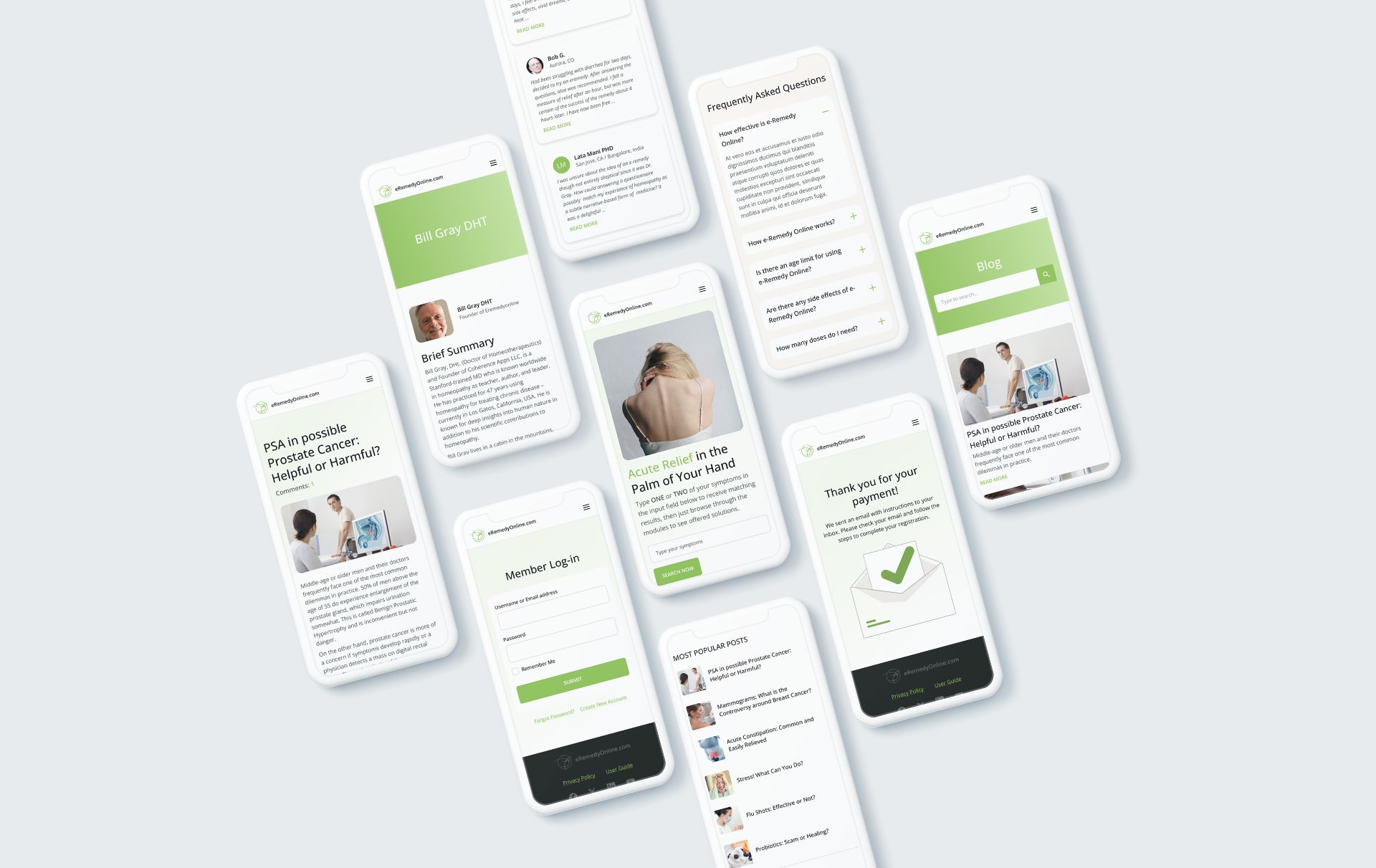 Smartphones displaying eRemedy Online platform features, including user log-in, health articles, and FAQs related to homeopathic remedies, emphasizing accessibility and user engagement.