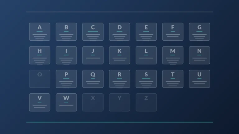 Alphabetical index grid, A to Z, with faint tiles for each letter