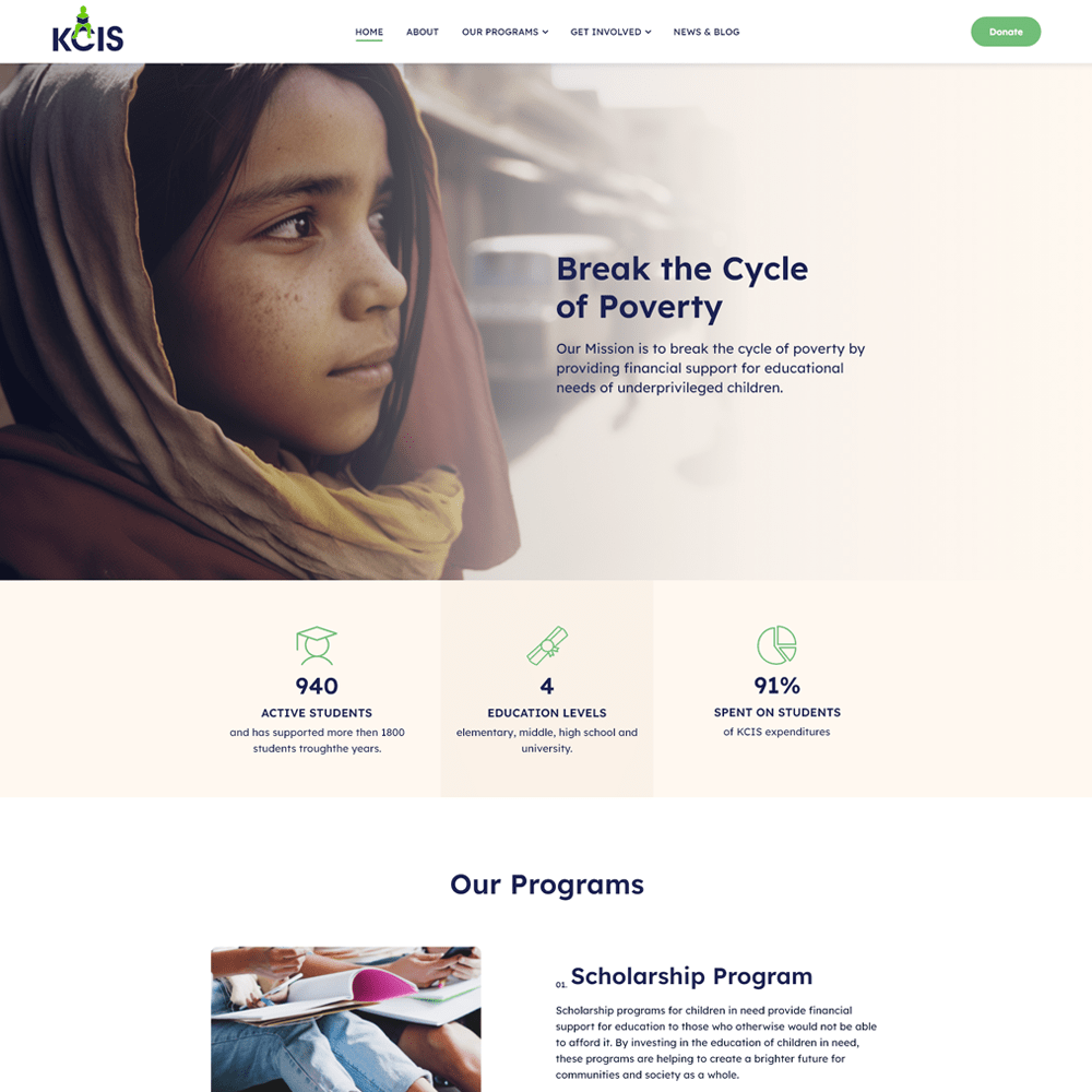 Young girl in a headscarf, symbolizing the KCIS Foundation's mission to provide educational support to underprivileged children, with the slogan "Break the Cycle of Poverty" prominently displayed.