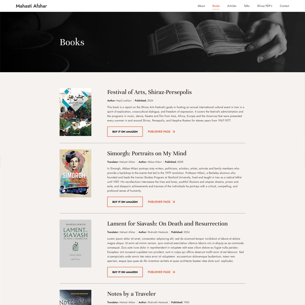 Books by Mahasti Afshar, showcasing her translation work, including "Simorgh: Portraits on My Mind" and "Lament for Siavash," with covers and publication details.