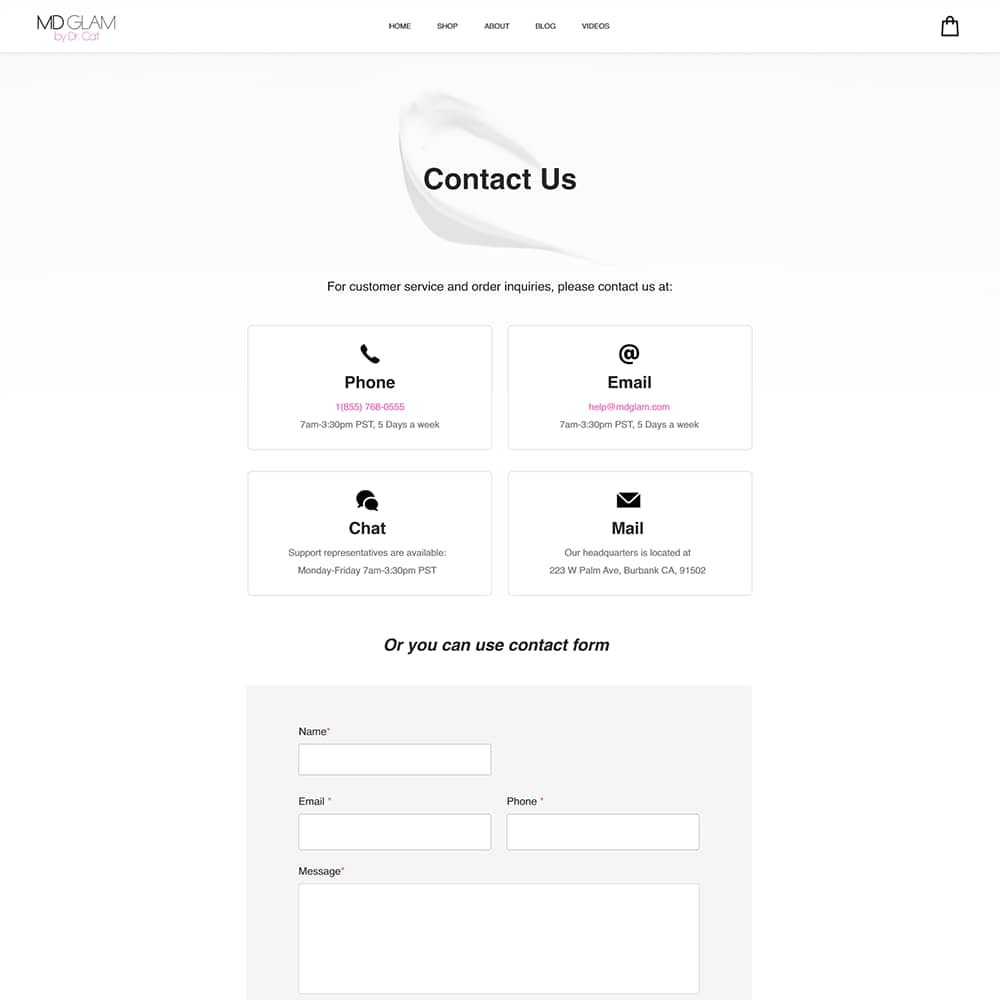 Contact page for MD Glam featuring phone, email, chat, and mail options for customer inquiries, with a contact form for direct communication.