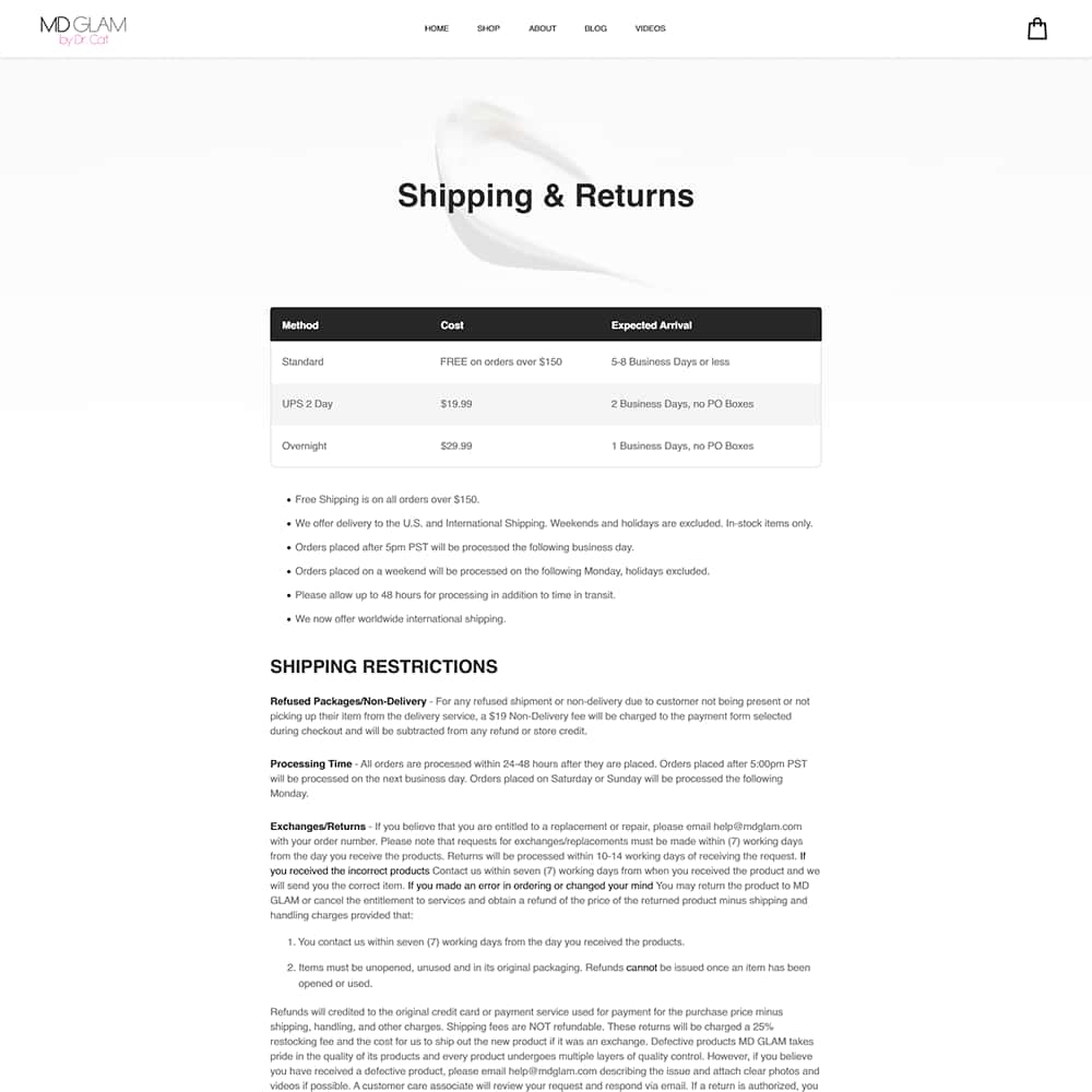 MD Glam shipping and returns policy page featuring a table outlining shipping methods, costs, and expected arrival times, emphasizing free shipping on orders over $150 and international shipping options.