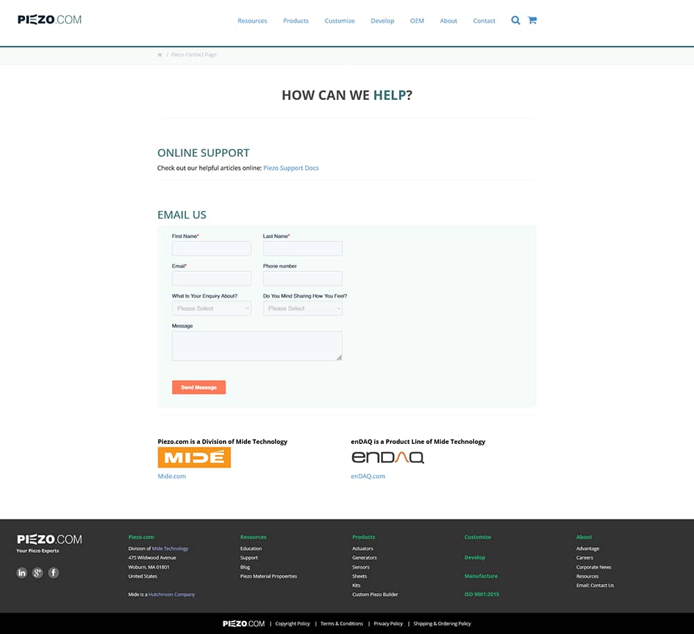 Contact page of Piezo.com featuring an email form for inquiries, with fields for first name, last name, email, phone number, and message, emphasizing customer support for piezoelectric products.
