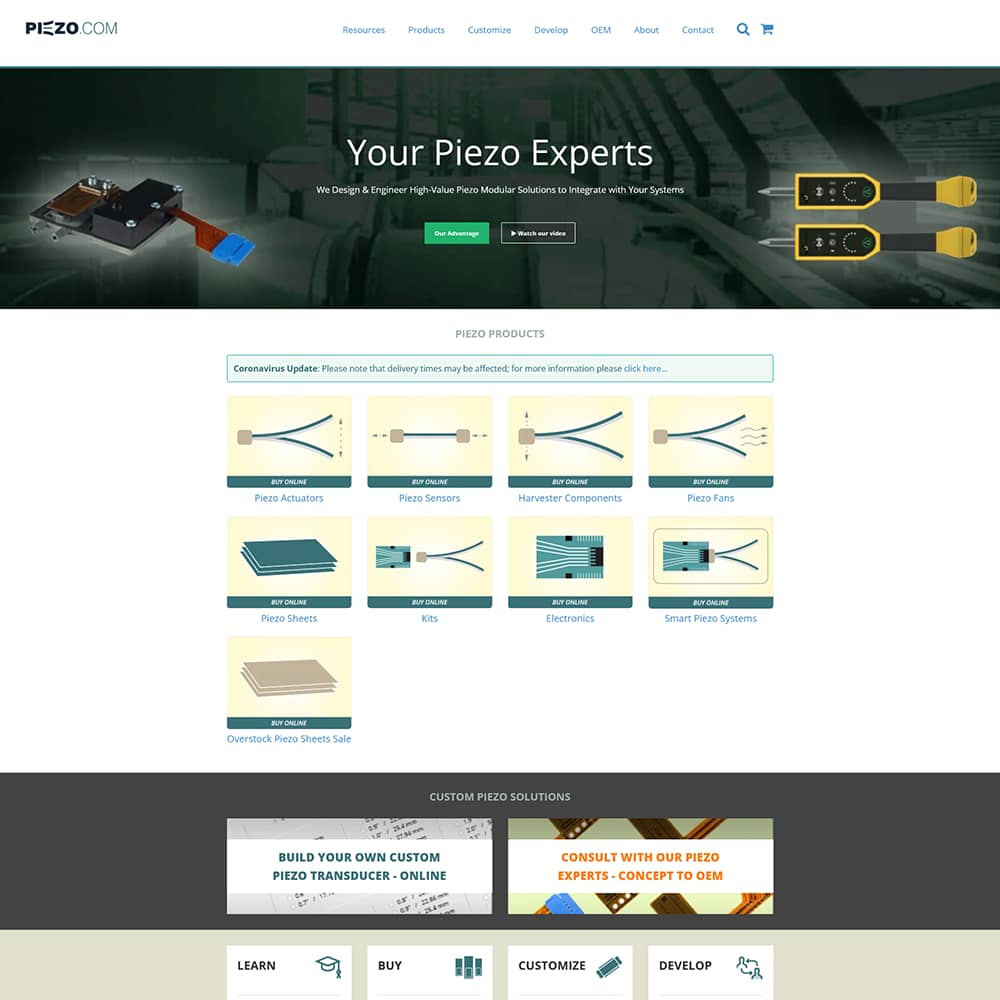 Piezo.com homepage showcasing piezoelectric products, including sensors, actuators, and components, with a focus on e-commerce solutions for technical buyers.