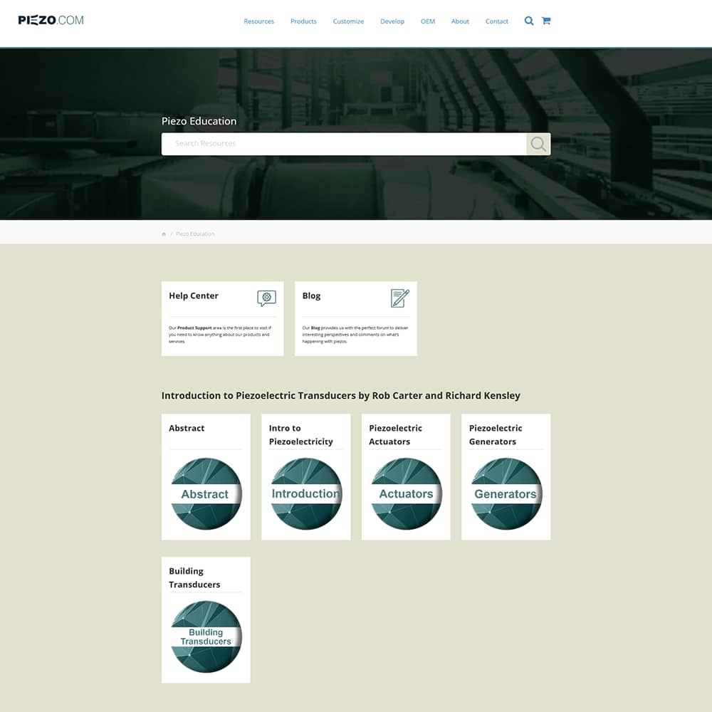 Piezo.com educational resources page featuring navigation options for Help Center, Blog, and various sections on piezoelectric transducers, including Abstract, Introduction, Actuators, and Generators.