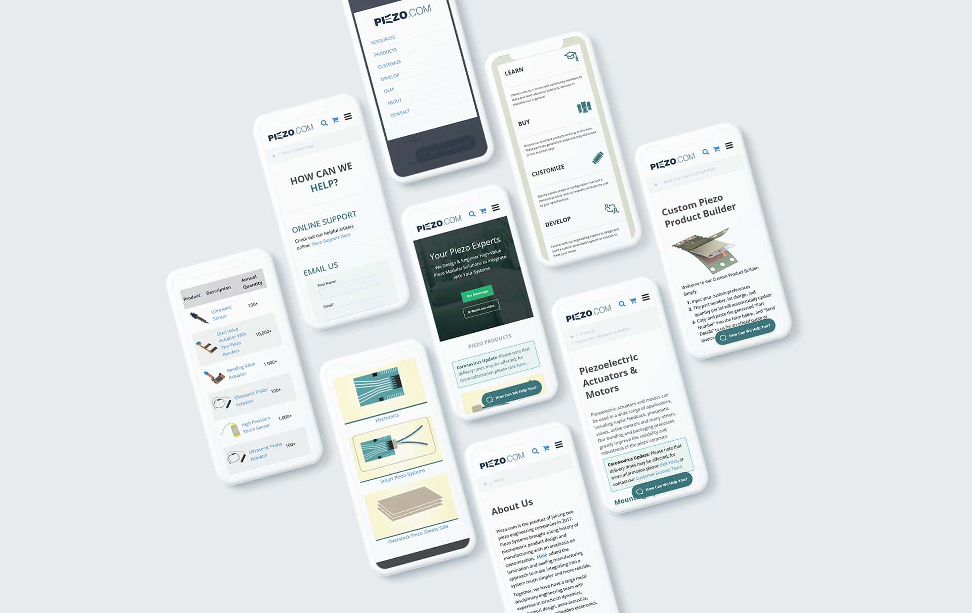 Mobile interface mockup showcasing Piezo.com features, including product listings, online support, and custom product builder for piezoelectric products.