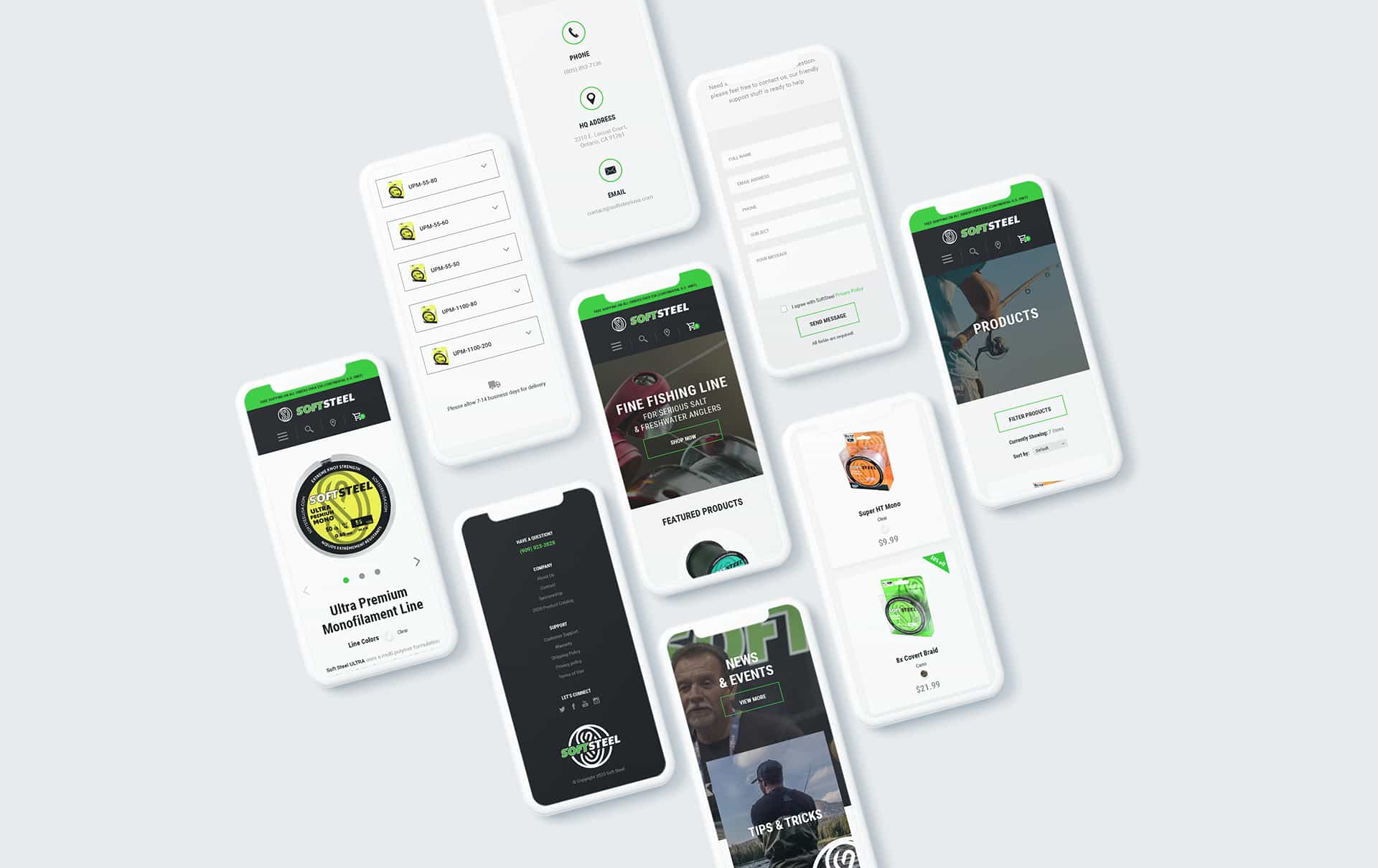 Mobile mockup of Soft Steel USA e-commerce website showcasing fishing line products, featuring navigation elements and product details, designed for anglers seeking premium fishing lines.