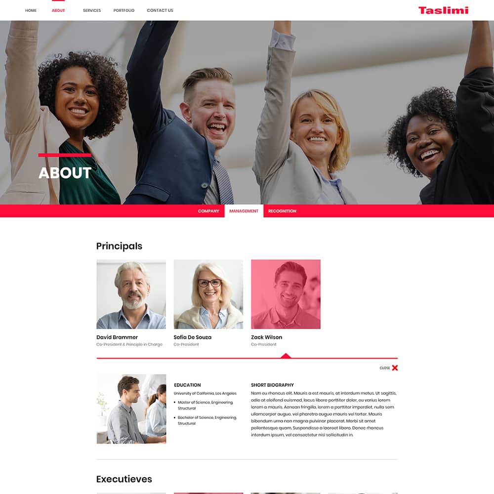 Diverse team of professionals celebrating success on Taslimi Construction's About page, showcasing leadership and teamwork in a modern website design.