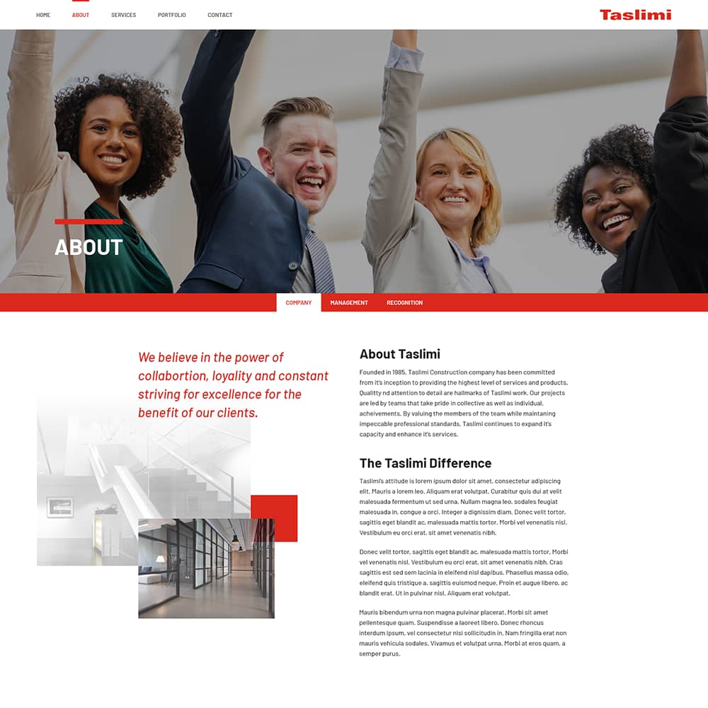 Image of Taslimi Construction's website design showcasing a professional layout with team members celebrating success, emphasizing collaboration and excellence in construction services.