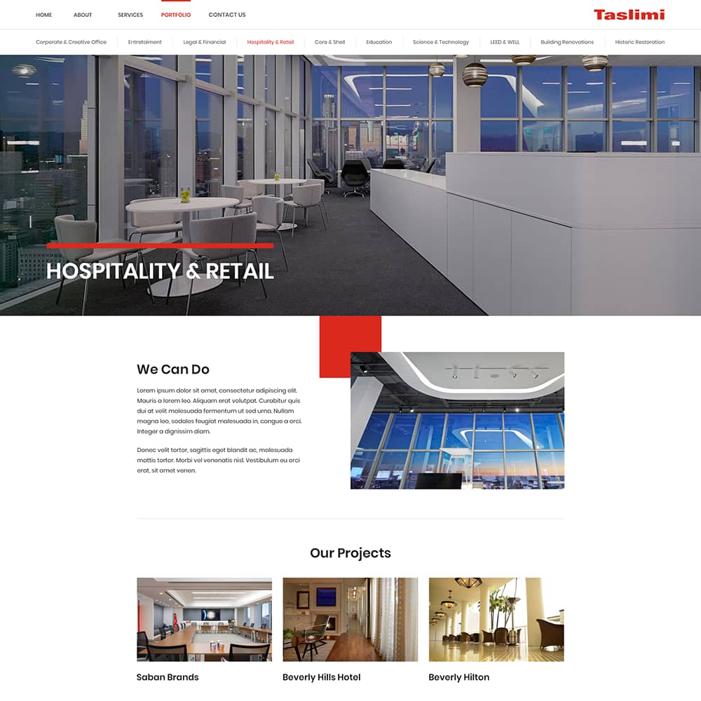 Modern office interior showcasing Taslimi Construction's design expertise in hospitality and retail, featuring sleek furniture, large windows with city views, and a minimalist aesthetic.