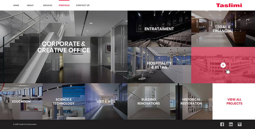 Taslimi Construction website homepage showcasing portfolio categories: Corporate & Creative Office, Hospitality & Retail, Education, and more, emphasizing a modern design aesthetic and professional presentation.