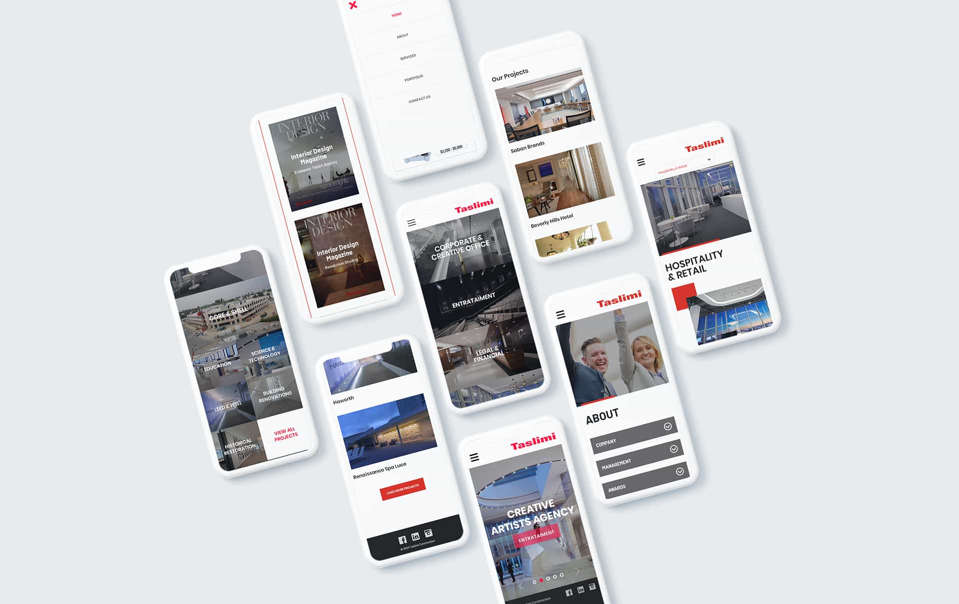 Mobile website design showcase for Taslimi Construction, featuring various project categories and a modern interface, highlighting hospitality, corporate, and creative sectors.