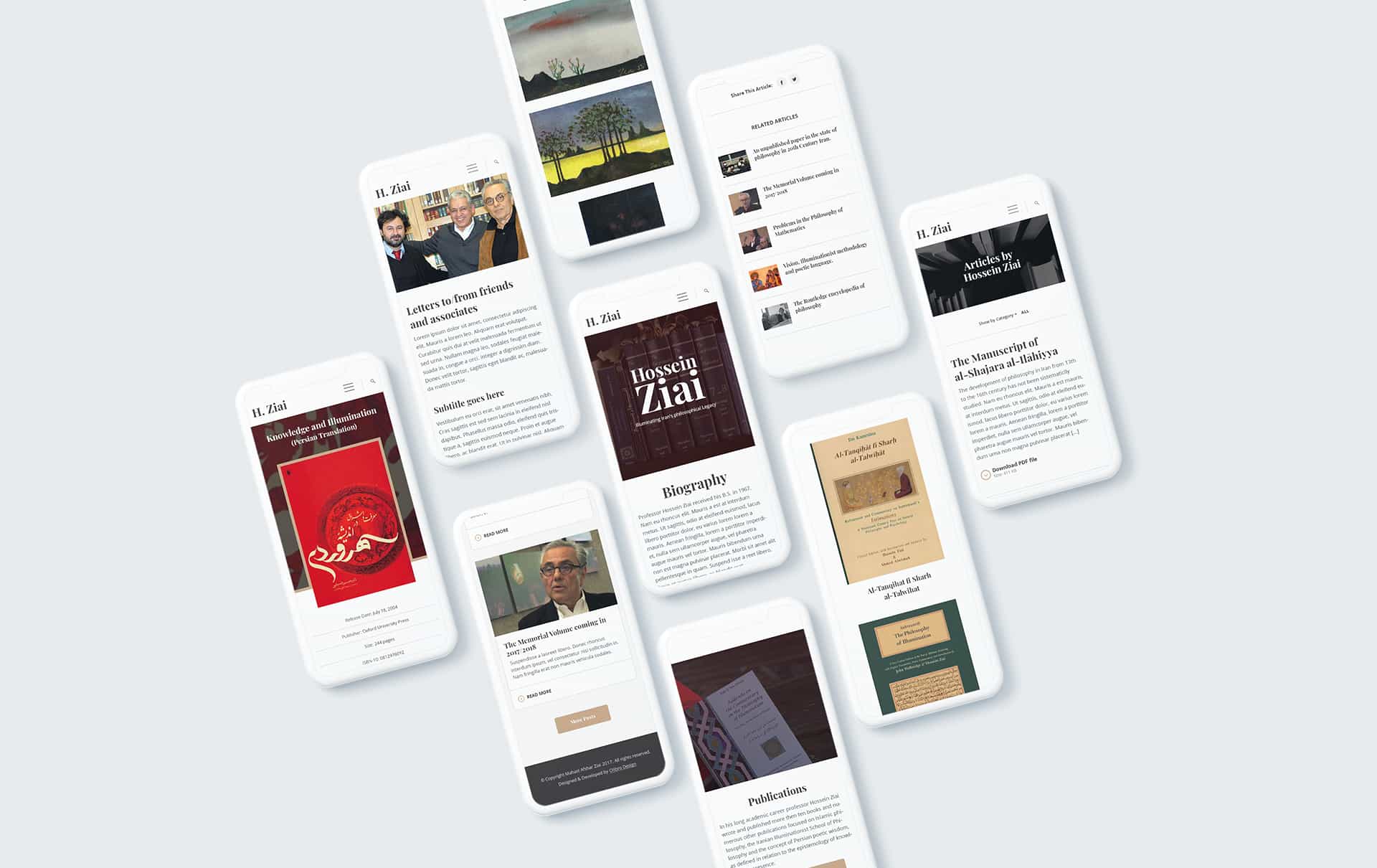 Dynamic website design for Hosein Ziai, featuring mobile mockups of scholarly articles, biography, and artistic contributions, showcasing Islamic Illuminationist Philosophy.